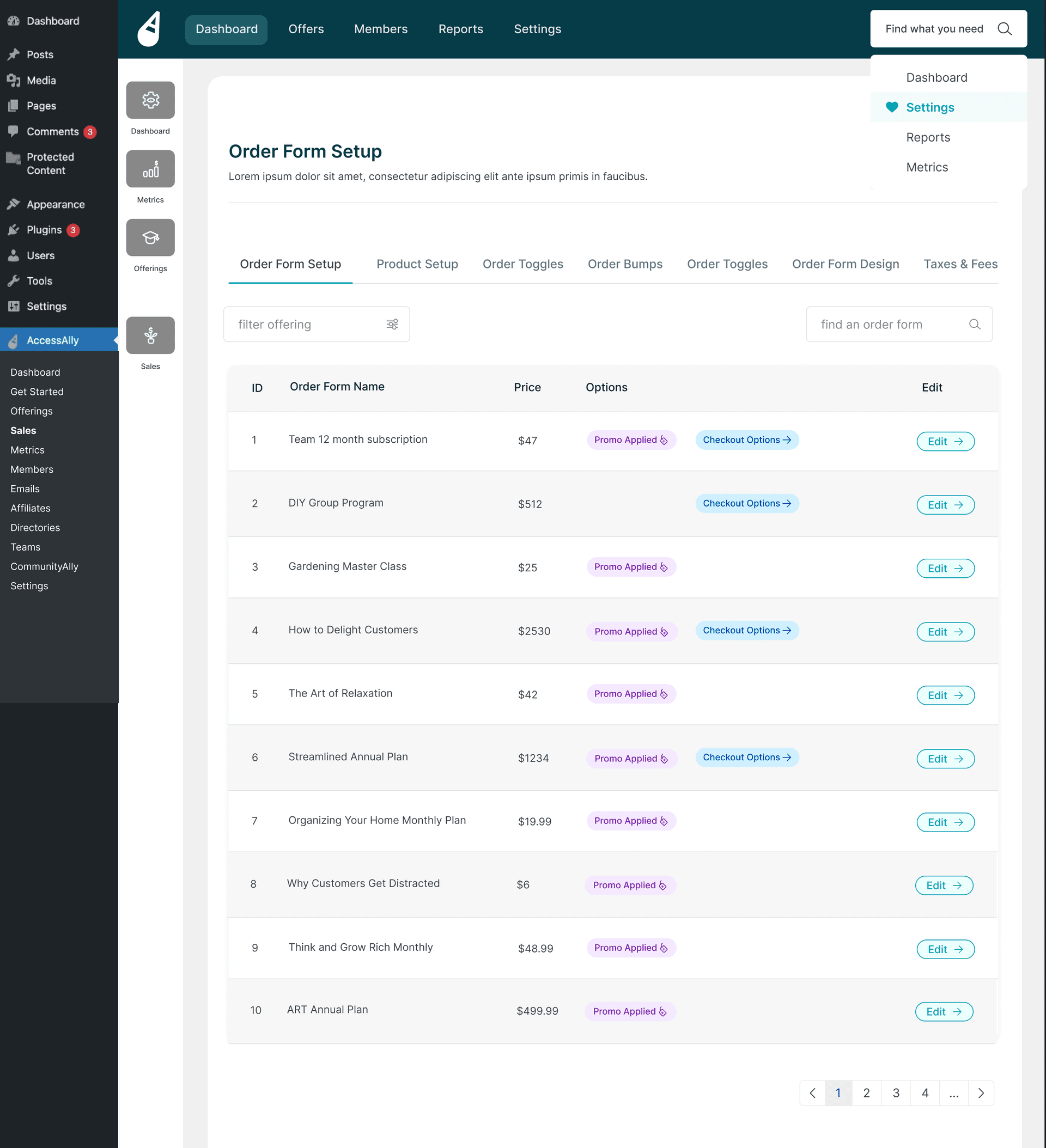 Order form setup flow showing proposed multi-step interface patterns