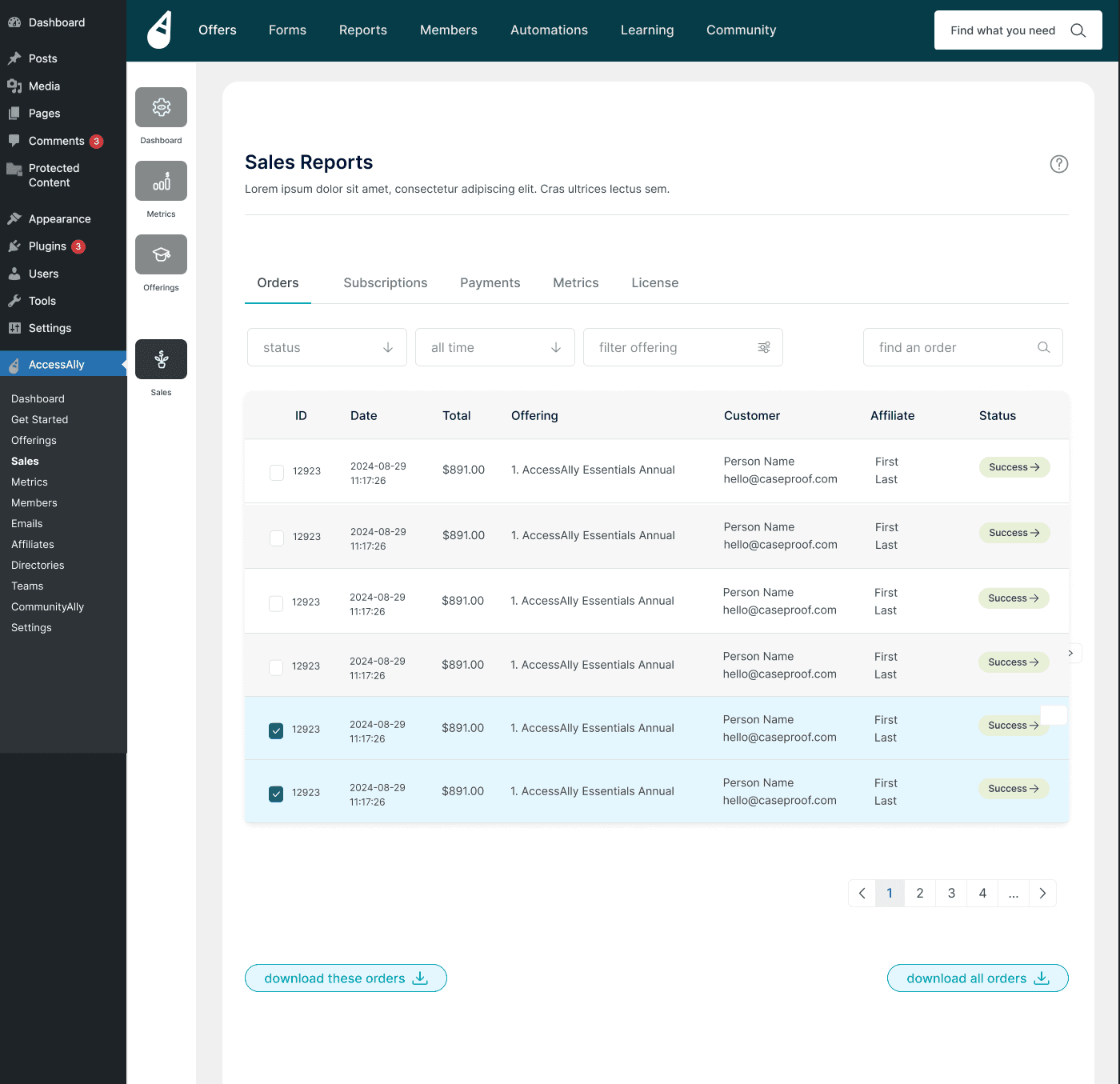 Sales log layout with standardized table and filtering components