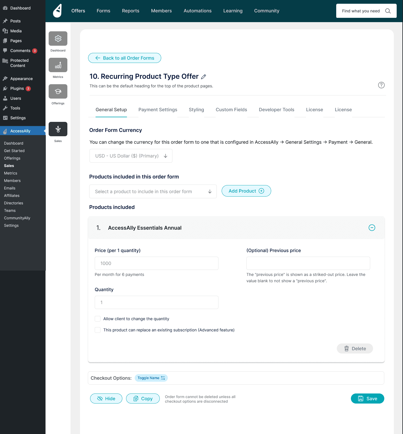 Order forms automation settings with clear visual hierarchy and controls