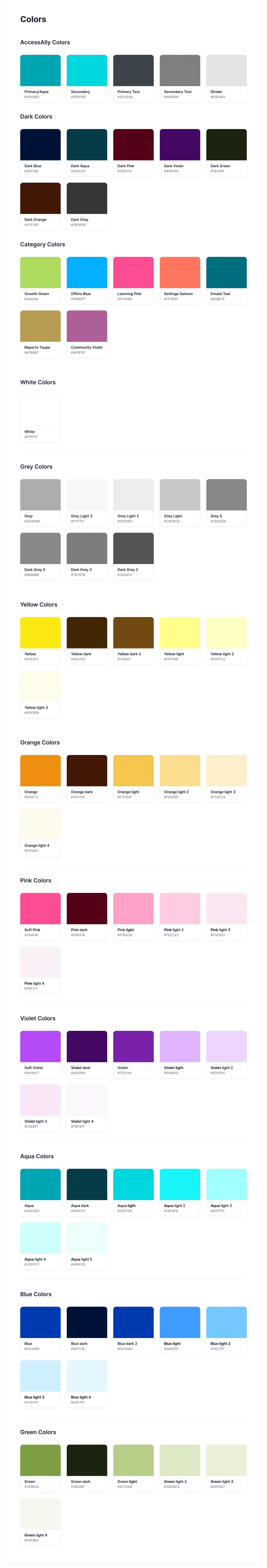 Standardized color palette with semantic naming and accessibility guidelines